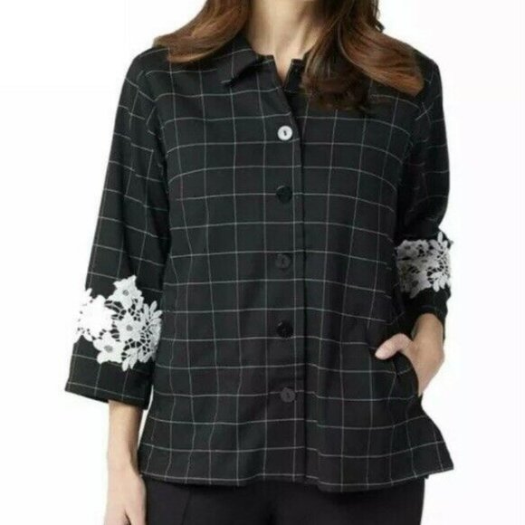 NWT LINEA BY LOUIS DELL'OLIO WINDOWPANE LACE APPLIQUE BLACK JACKET 14 - Picture 1 of 10